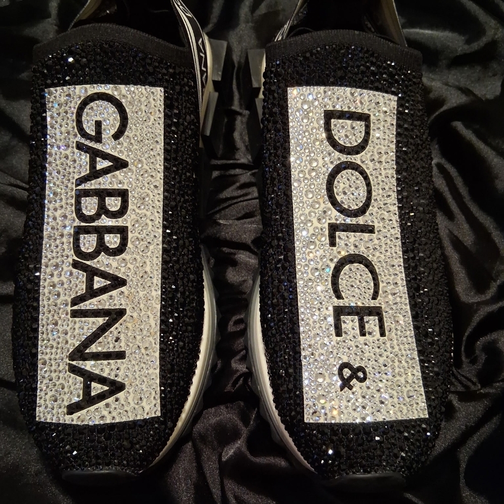 Dolce & Gabbana Black and White Crystal Logo Slip-Ons